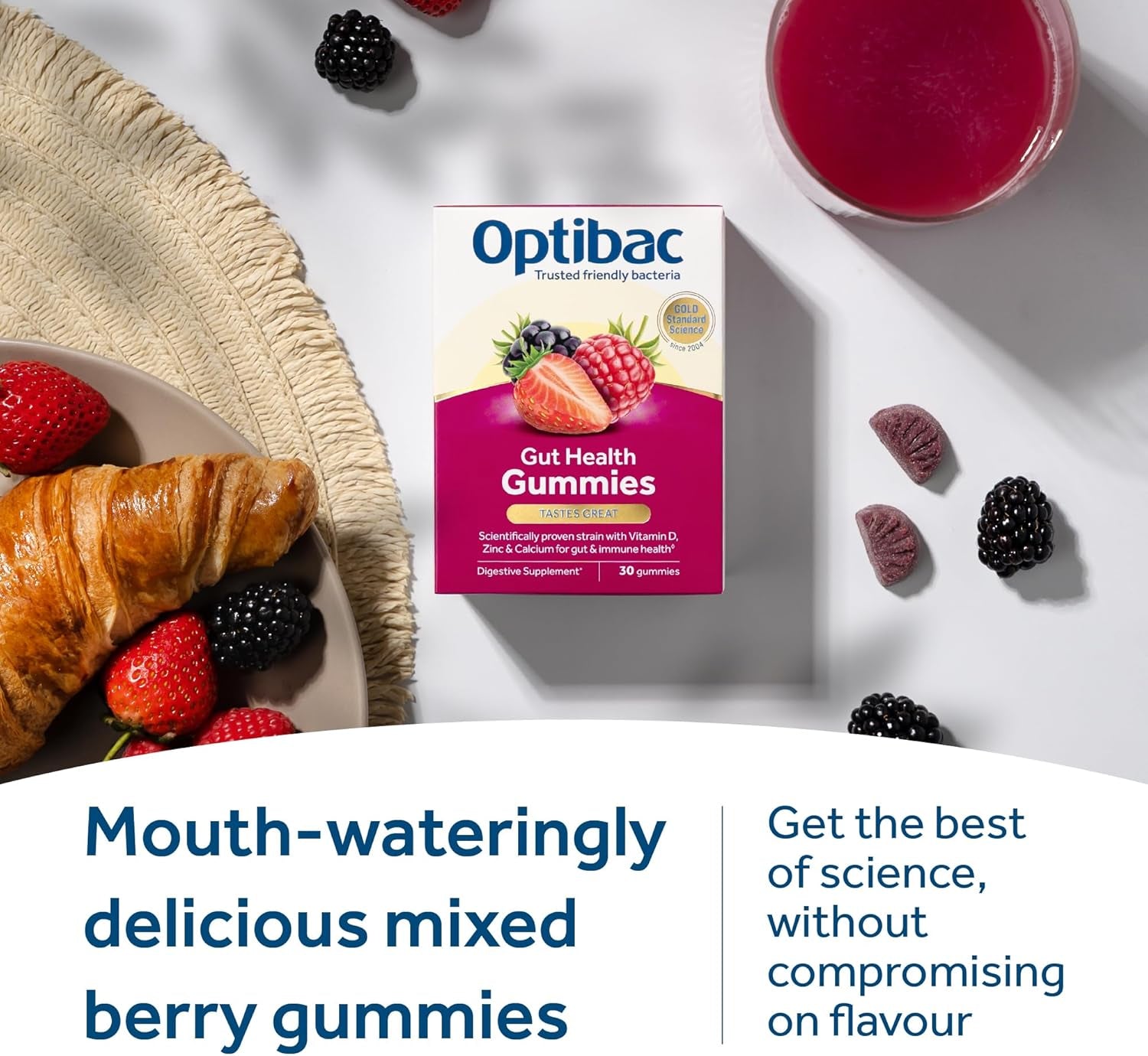 Optibac Probiotics Gut Health Gummies - Vegan Digestive Probiotic Supplement with Vitamin D, Zinc & Calcium for Immune Support & Gut Health - 5 Billion Bacterial Cultures - 30 Gummies
