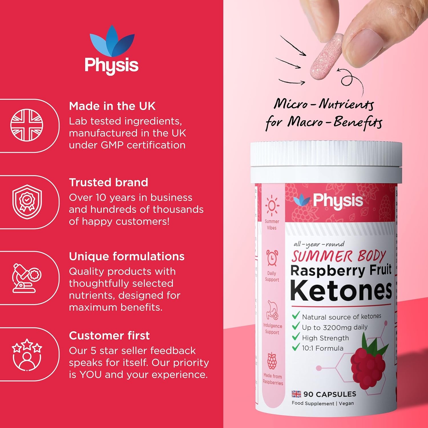 Physis Raspberry Fruit Extract 3200Mg | Weight Loss Fat Burning | Raspberry Ketones Upgrade | Summer Body All Year | 90 X Slimming Diet Pills | up to 3 Month Supply | Metabolism Booster