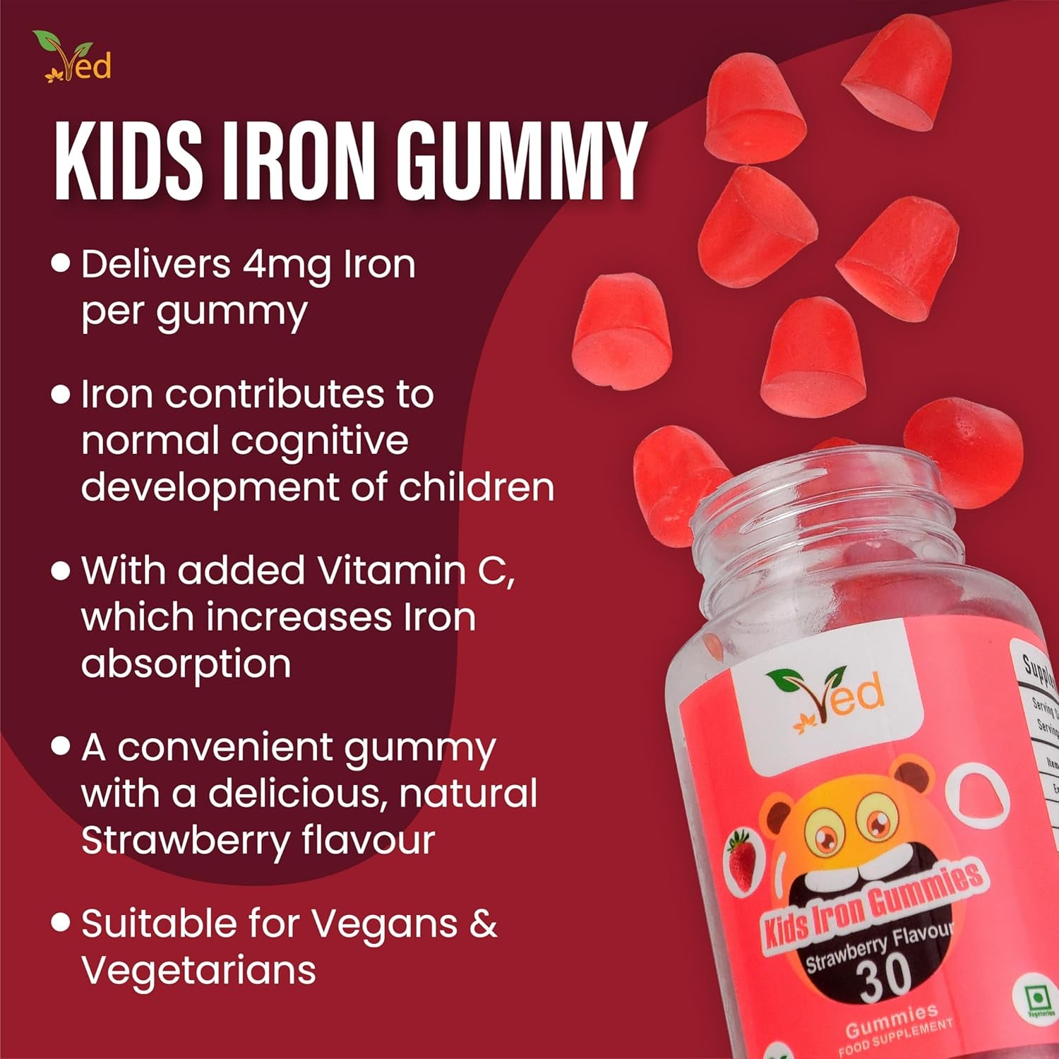 Iron Gummies Kids,15 Day Supply, Natural Strawberry Flavour, 30 Chewable Vegan Gummies, Vegetarian Friendly, Energy & Immune System, Kids Iron Gummies, GMO & Gluten Free.