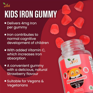 Iron Gummies Kids,15 Day Supply, Natural Strawberry Flavour, 30 Chewable Vegan Gummies, Vegetarian Friendly, Energy & Immune System, Kids Iron Gummies, GMO & Gluten Free.