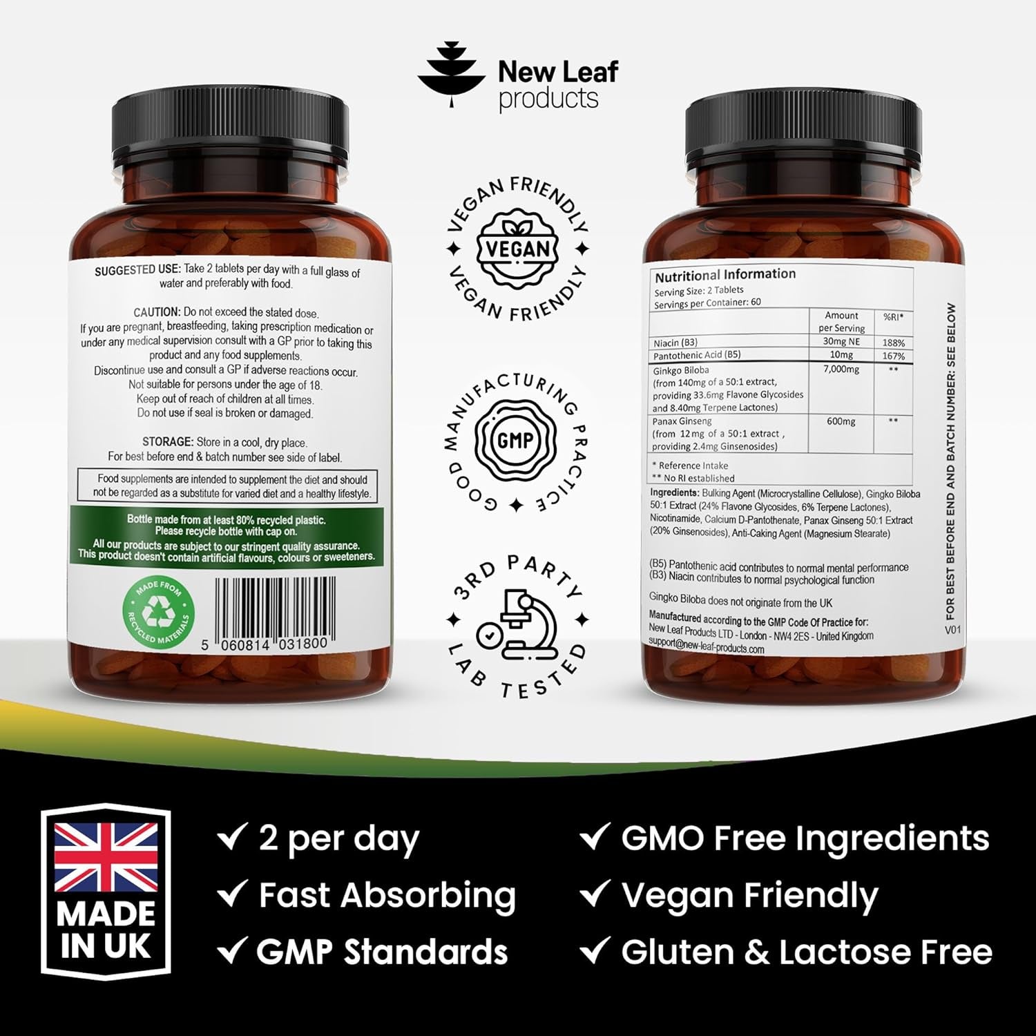Ginkgo Biloba and Korean Ginseng Tablets - 7000Mg Ginkgo Biloba Herbal Supplements & 600Mg Panax Ginseng High Strength Extract - Enriched with Vitamin B3 & B5-120 Vegan Tablets