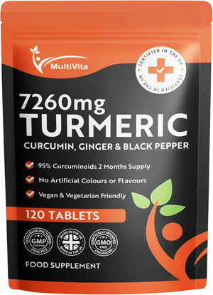 Turmeric Curcumin Tablets 7,260Mg per Serving - 95% Curcuminoids 2 Months Supply - with Ginger & Active Curcumin Including Black Pepper to Aid Absorption - High Strength Tumeric Supplement - Vegan UK