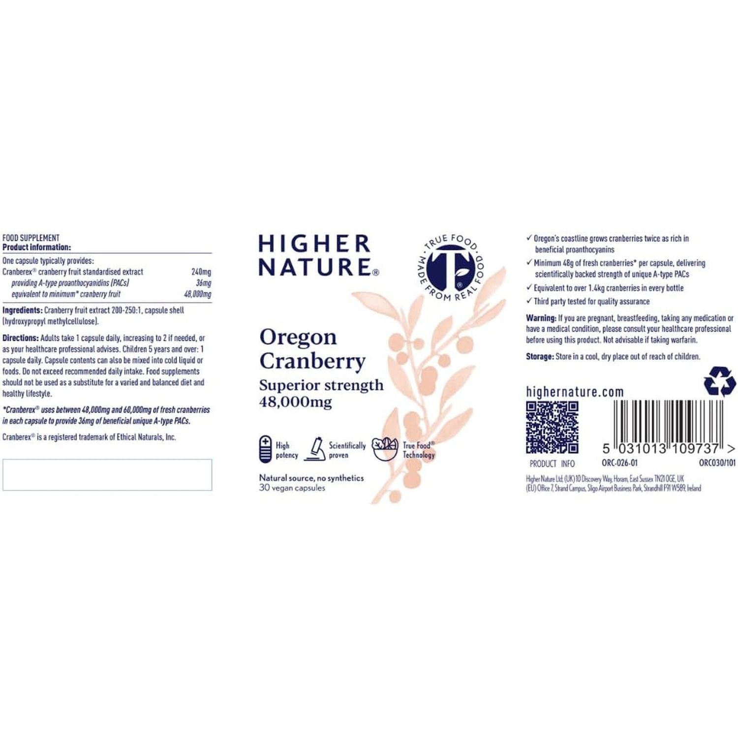 Higher Nature - Oregon Cranberry Supplement - 48,000Mg Superior Strength - UTI Support for Women & Men - True Food® Formula - High Strength Cranberry Concentrate 200X - Sugar Free - 30 Capsules