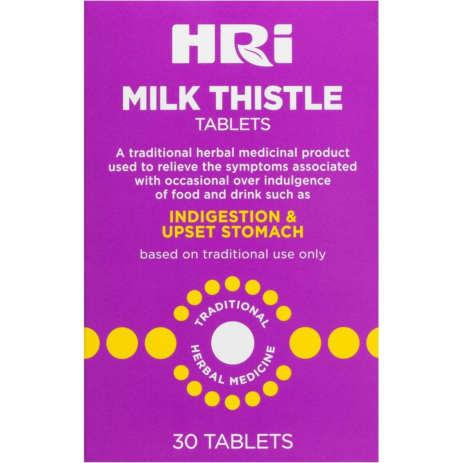 HRI Milk Thistle 30 Tablets - to Relieve Symptoms Associated with over Indulgence of Food and Drink Such as Indigestion and Upset Stomach. 300 Mg of Milk Thistle Extract. 1 Pack