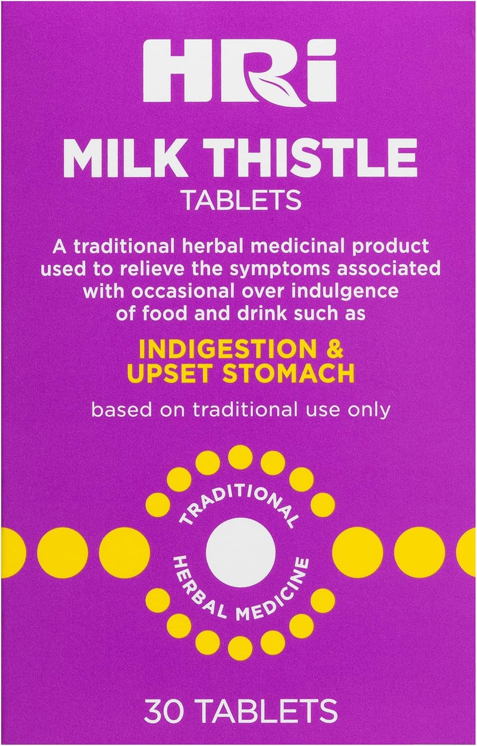HRI Milk Thistle 30 Tablets - to Relieve Symptoms Associated with over Indulgence of Food and Drink Such as Indigestion and Upset Stomach. 300 Mg of Milk Thistle Extract. 1 Pack