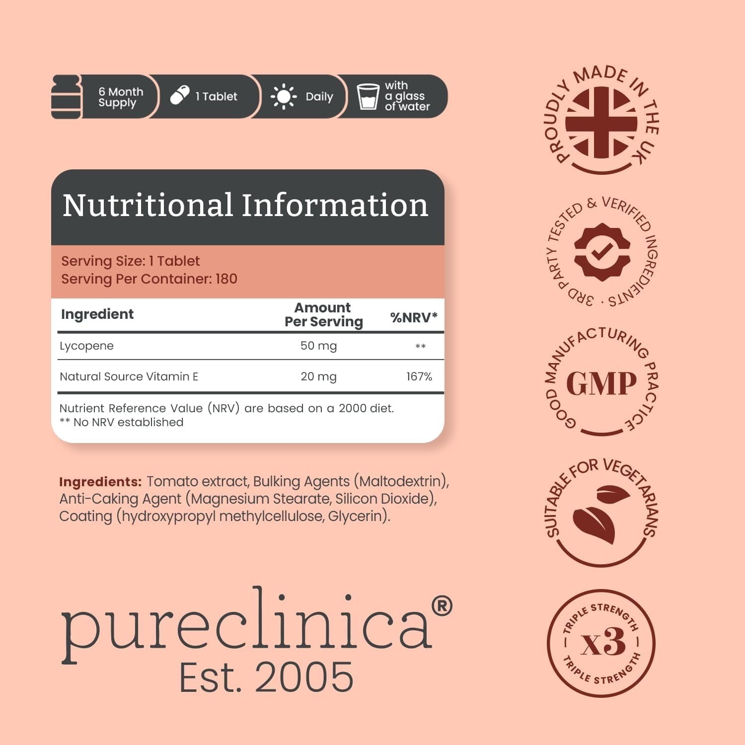Lycopene 50Mg X 180 Tablets (6 Months Supply). 300% Strength of Regular Lycopene Tablets.