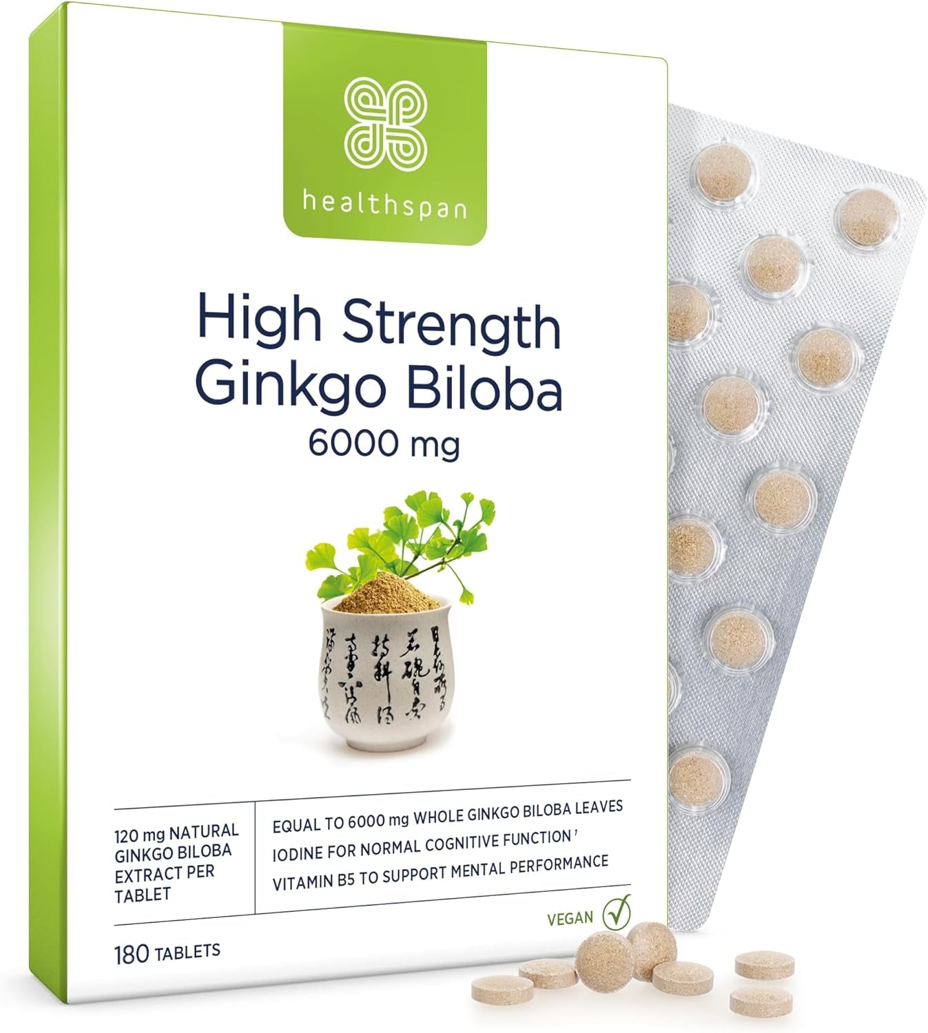 Healthspan Ginkgo Biloba 6,000Mg | High Strength | 180 Tablets | Iodine | Vitamin B5 | Flavone Glycosides | Vegan