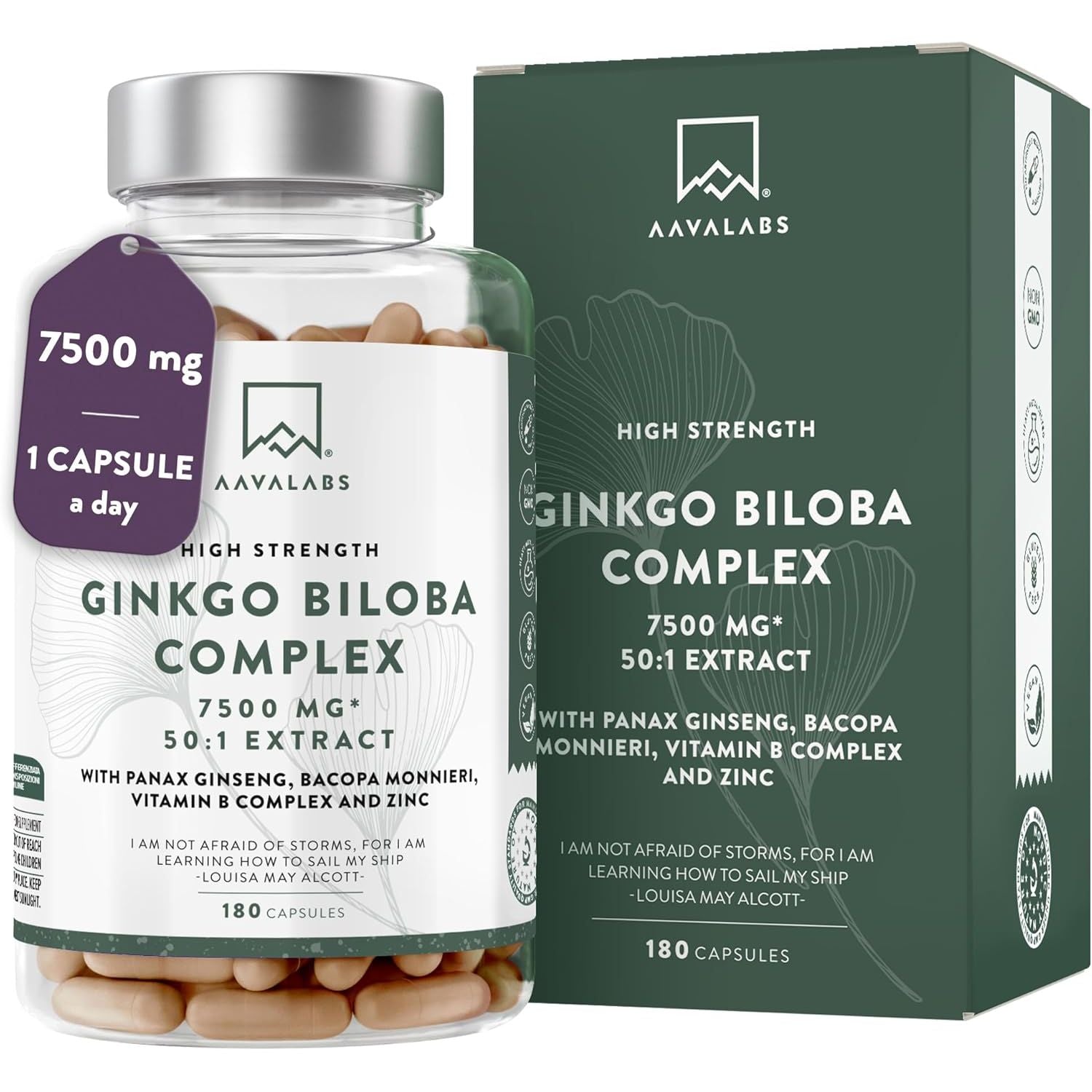 Ginkgo Biloba High Strength -7500Mg (50:1 Extract) + Bacopa Monnieri, Ginseng and Ginkgo Biloba Herbal Supplements + VIT B6, B1, B2, & Zinc -180 Nootropic Ginkgo Biloba Capsules - Packed W/Flavonoids