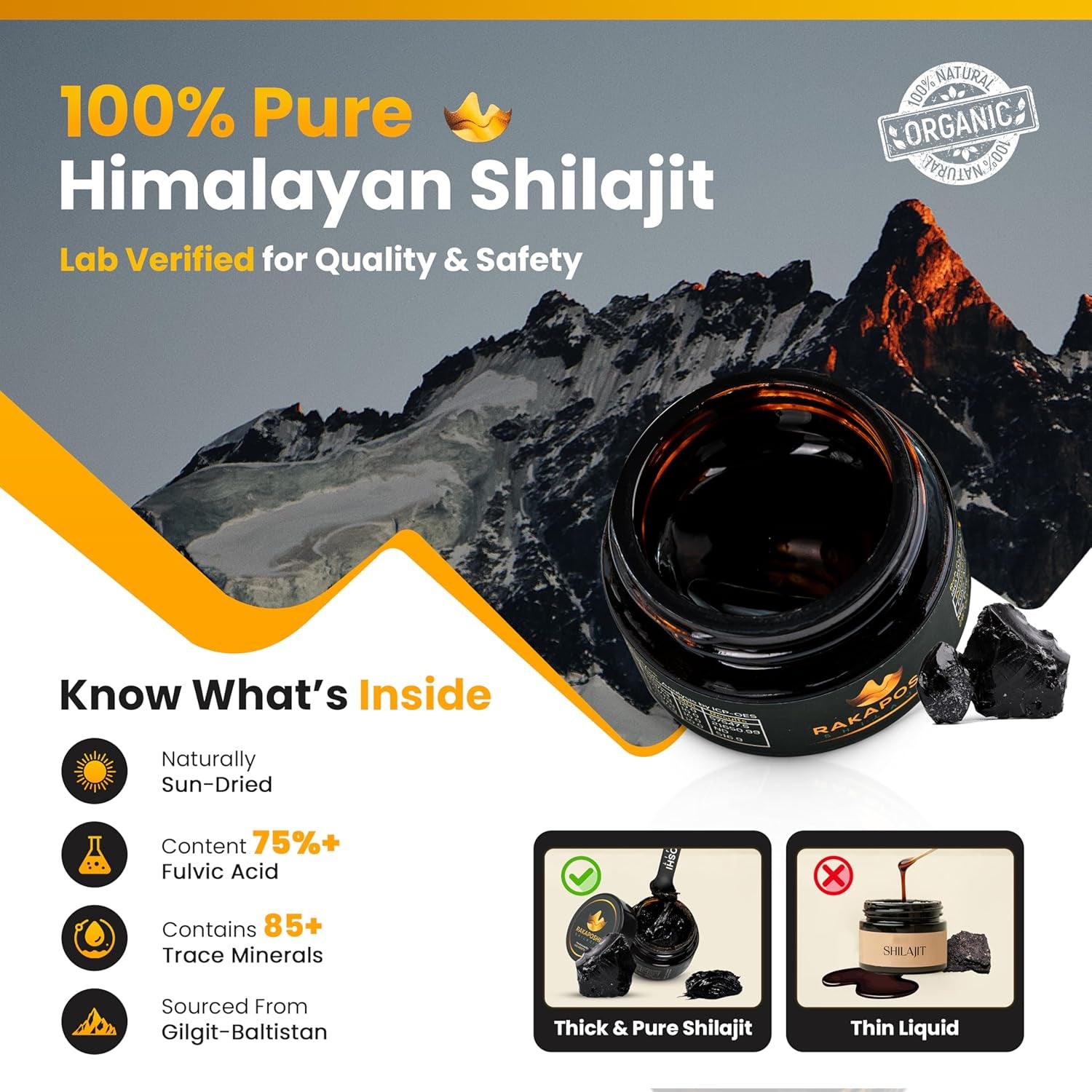 Rakaposhi Himalayan Shilajit Resin - Sun-Dried, Lab-Tested, Traditional Mineral Resin, 28.3 G - for Men & Women, Sourced from Gilgit-Baltistan