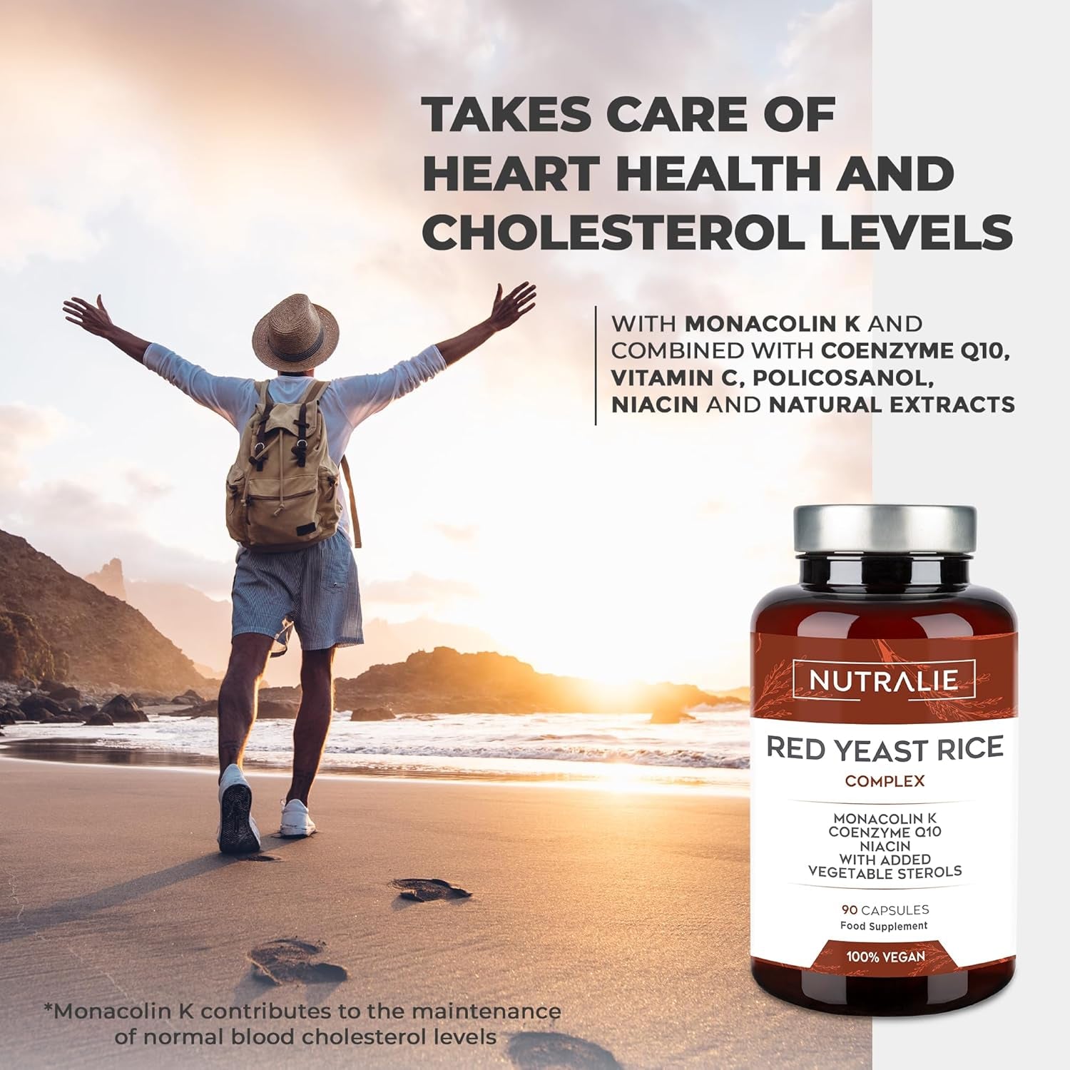 RED Yeast Rice Complex - Cholesterol Lowering Supplement - Monacolin K 2,9Mg & Q10 30Mg - Red Yeast Extract Gluten Free - 90 Vegan Capsules Nutralie