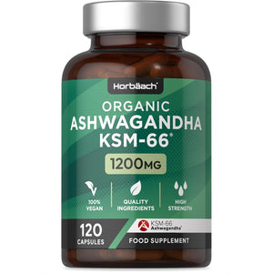 Organic Ashwagandha KSM-66® 1200Mg with 5% Withanolides | Pure Ashwagandha Root Powder | High Strength | 180 Vegan Capsules (Not Tablets) | Supplement for Men & Women | by Horbaach