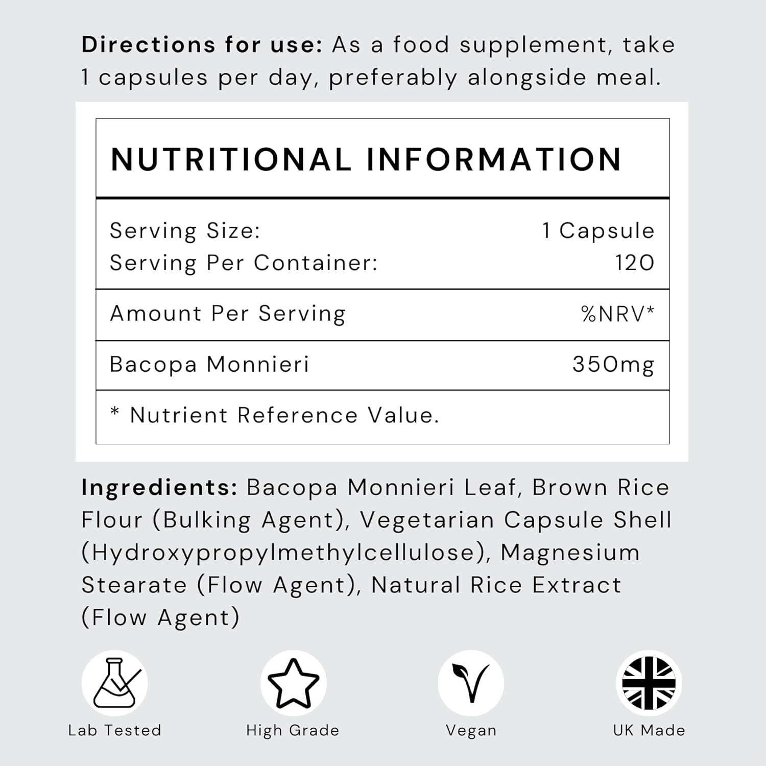 Bacopa Monnieri Capsules 350Mg - Brain/Memory Supplements - Made in the UK - 4 Month Supply - Vegan, Non-Gmo, Gluten-Free. Natural Ayuverdic Supplement Bacopa Extract
