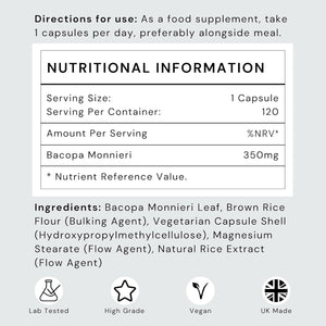 Bacopa Monnieri Capsules 350Mg - Brain/Memory Supplements - Made in the UK - 4 Month Supply - Vegan, Non-Gmo, Gluten-Free. Natural Ayuverdic Supplement Bacopa Extract