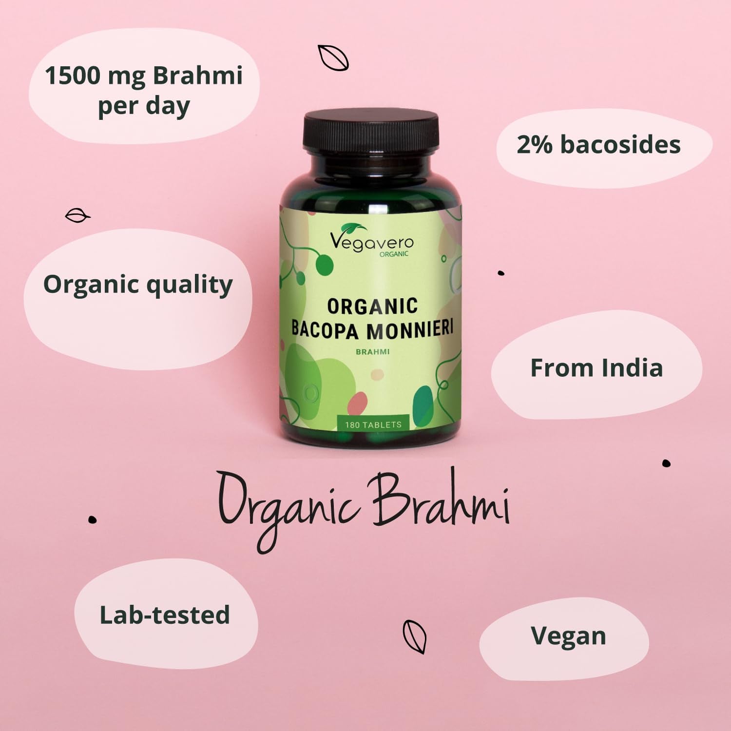 Vegavero Organic Bacopa Monnieri | 1500 Mg Brahmi | 2% Natural Bacosides | Lab-Tested | 180 Tablets | Vegan