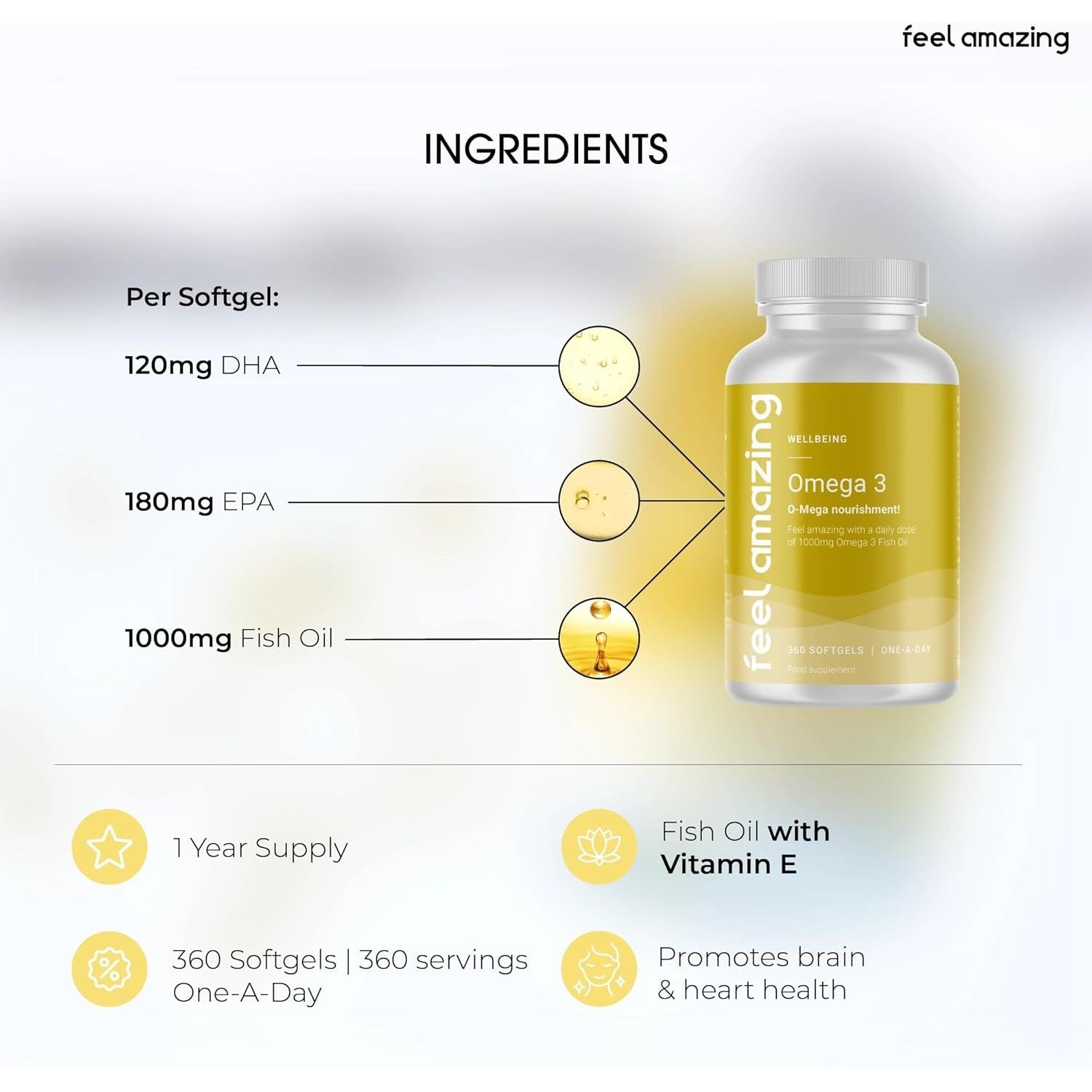 Omega 3 Fish Oil: One-A-Day (Full-Year 360-Day Supply) - 1000Mg Fish Oil per Softgel with 180Mg EPA, 120Mg DHA & 3Mg Vitamin E - Premium Heart & Brain Health Boost by Feel Amazing