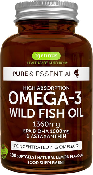 Igennus Omega-3 Wild Fish Oil & Astaxanthin, Highest Grade Triglyceride Rtg, IFOS Certified Ultra Pure, Omega-3 EPA & DHA Fatty Acids 1000Mg, Lemon Flavour, 180 Small Softgels