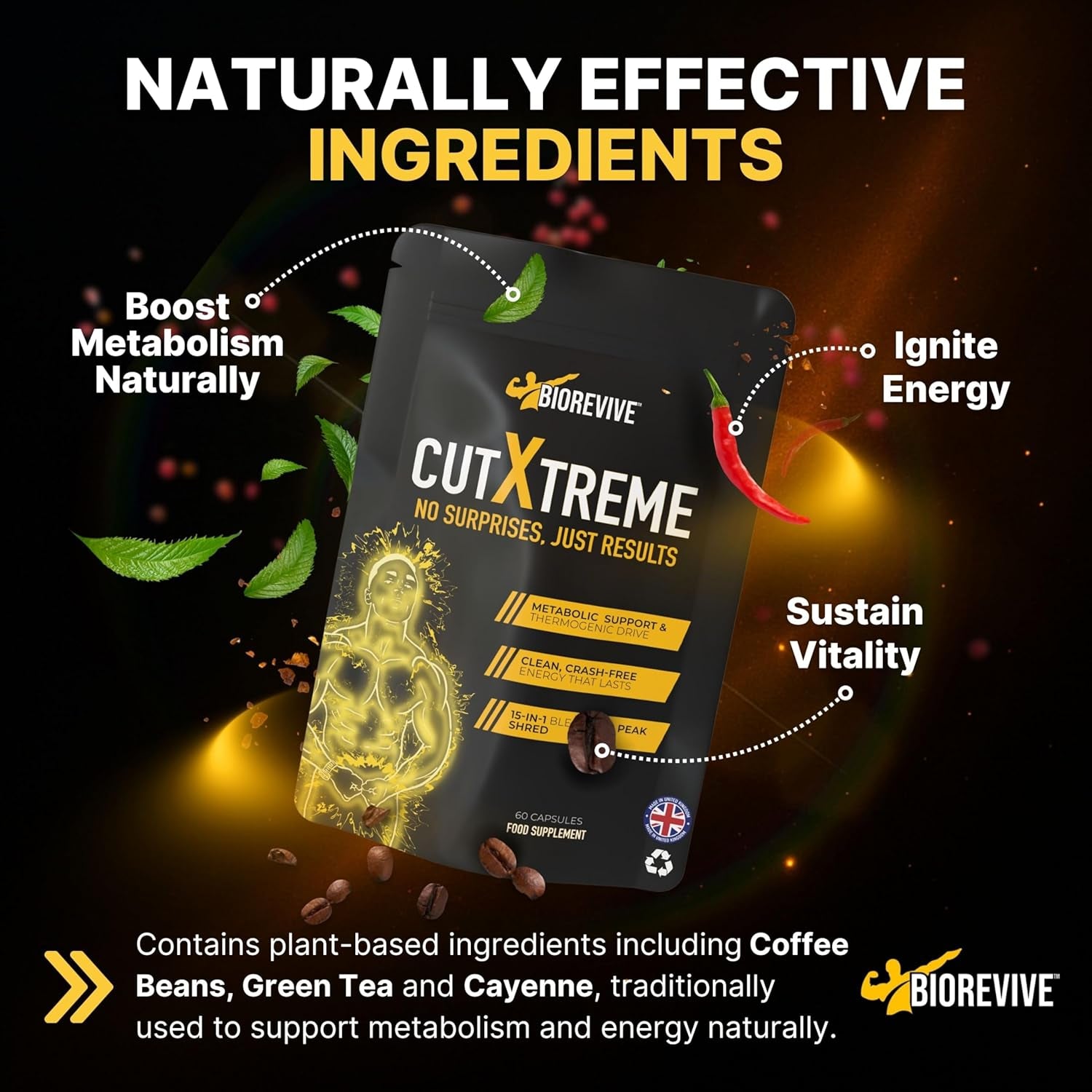 Biorevive Cut Xtreme Thermogenic Fat Burner – New Formula Vegan 780Mg Capsules with L-Carnitine, Green Tea, B Vitamins & Caffeine for Energy, Focus & Metabolism Support, Pre-Workout Supplement