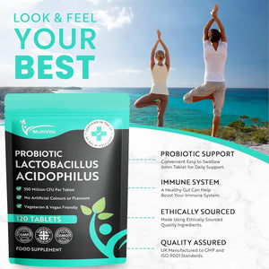 Acidophilus Lactobacillus Probiotic - 120 X 550 Million CFU Tablets - Supports Healthy Gut Microbiome & Digestion System - Reduce Bloating - Probiotic Supplements for Men & Women - Vegan and GMO Free