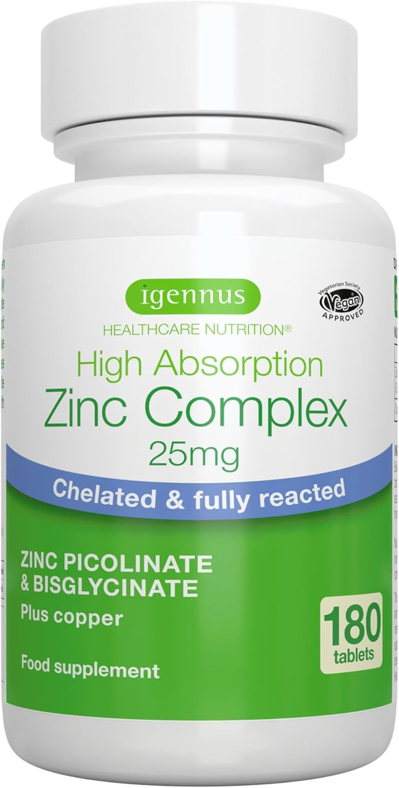 Igennus Clean Chelated Zinc Picolinate & Bisglycinate Complex 25Mg with Copper, 6 Month Supply 180 Tablets, High Absorption & Lab Verified, Non -GMO, Supplement for Men & Women, Immune Support & Skin