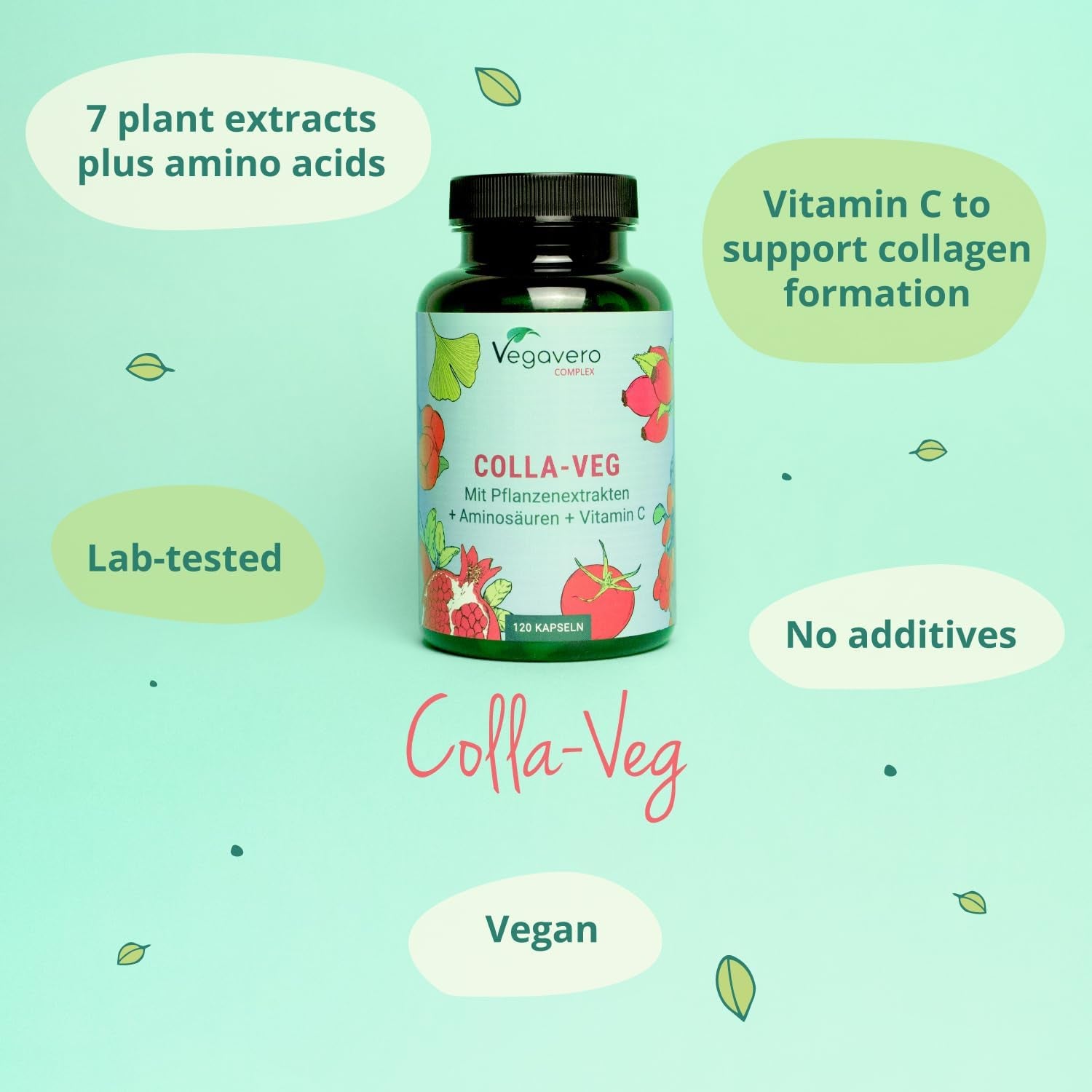 Vegavero Vegan Collagen Supplement 2000 Mg | Complex with L-Lysine, L-Proline, Vitamin C (Acerola) & Superfoods Extracts | NO Additives, Lab-Tested | 120 Capsules