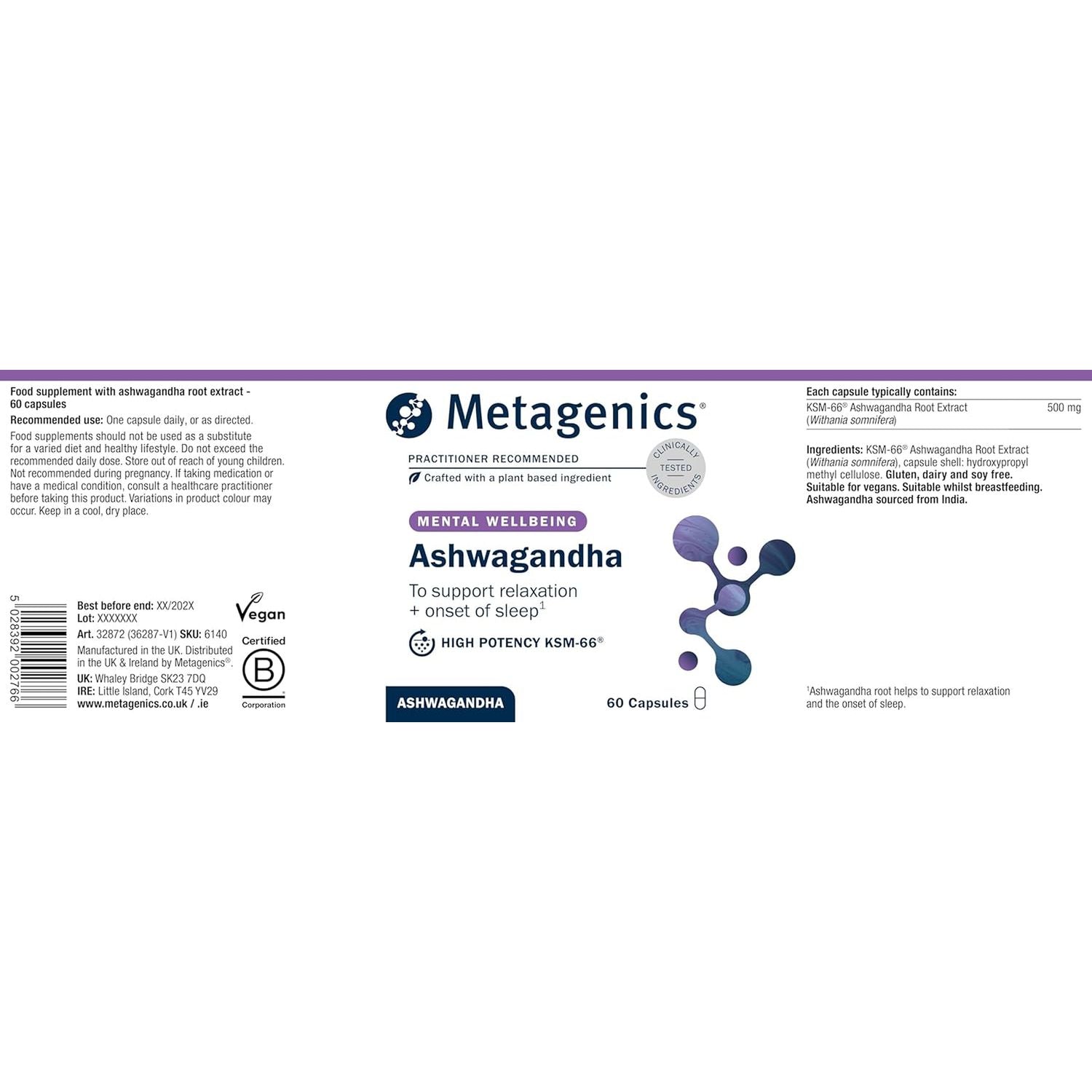 Metagenics Ashwagandha 500Mg - Supports Mental Clarity and Hormone Balance - High-Strength Supplement - 60 Capsules