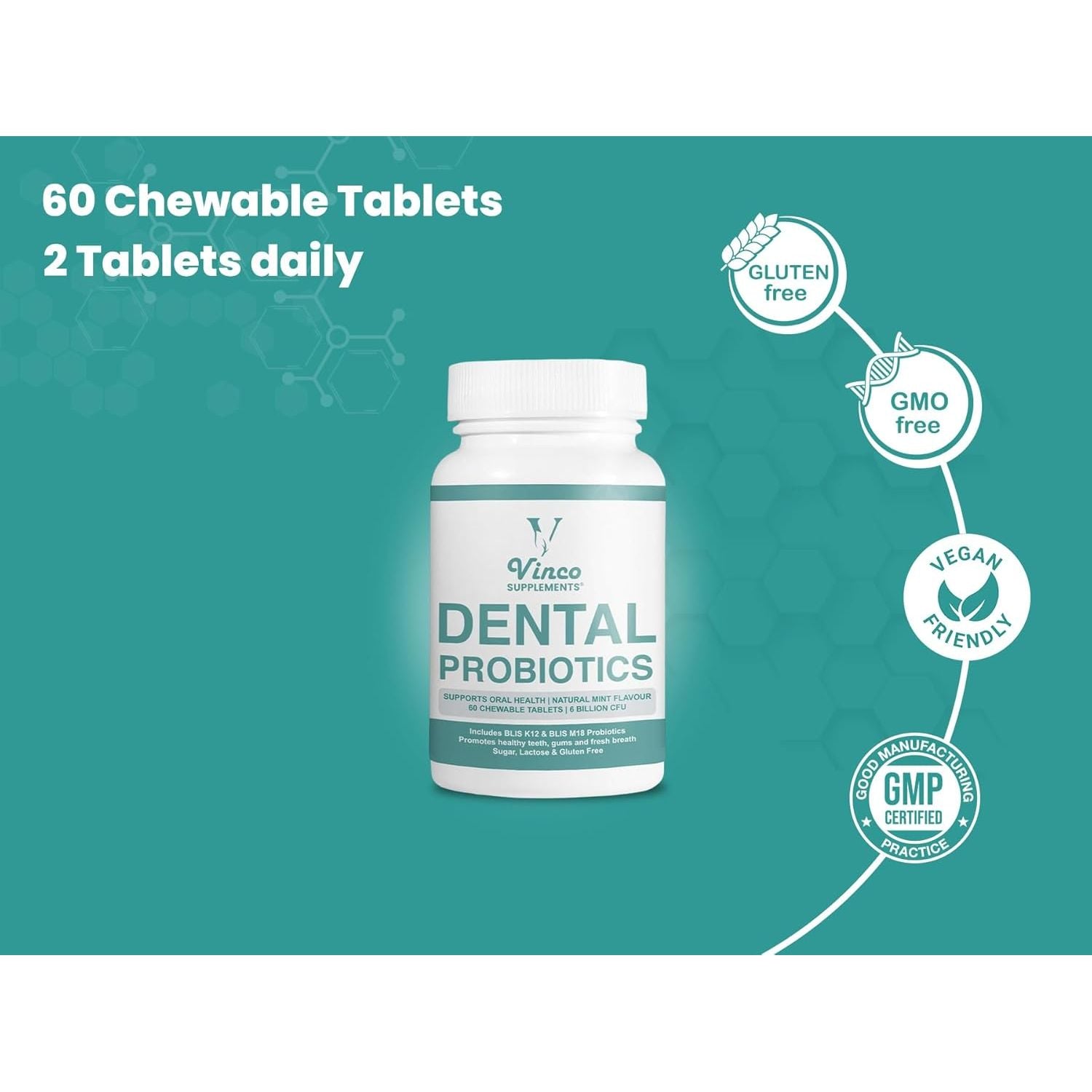 Dental Probiotics Advanced Oral Probiotics for Mouth Supplement - Bad Breath Treatment for Adults with BLIS K12 & BLIS M18-6 Billion CFU, Mint Flavour Chewable Oral Care Tablets - 60 Count