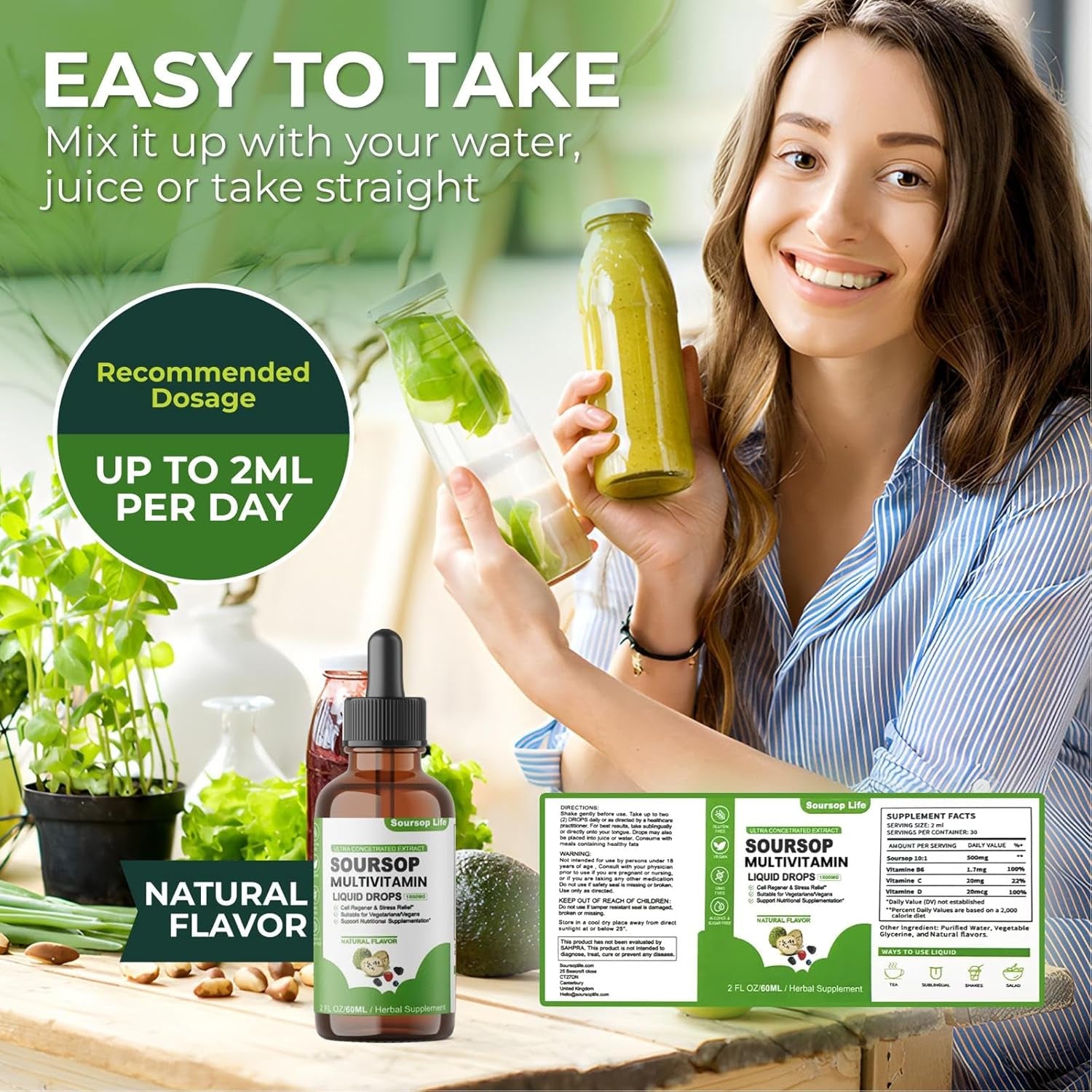 Soursop Multivitamin Drop Natural Energy Booster, Immune Support, Vegan,Gluten Free,Non-Gmo Vitamin B6,C,D, 60Ml