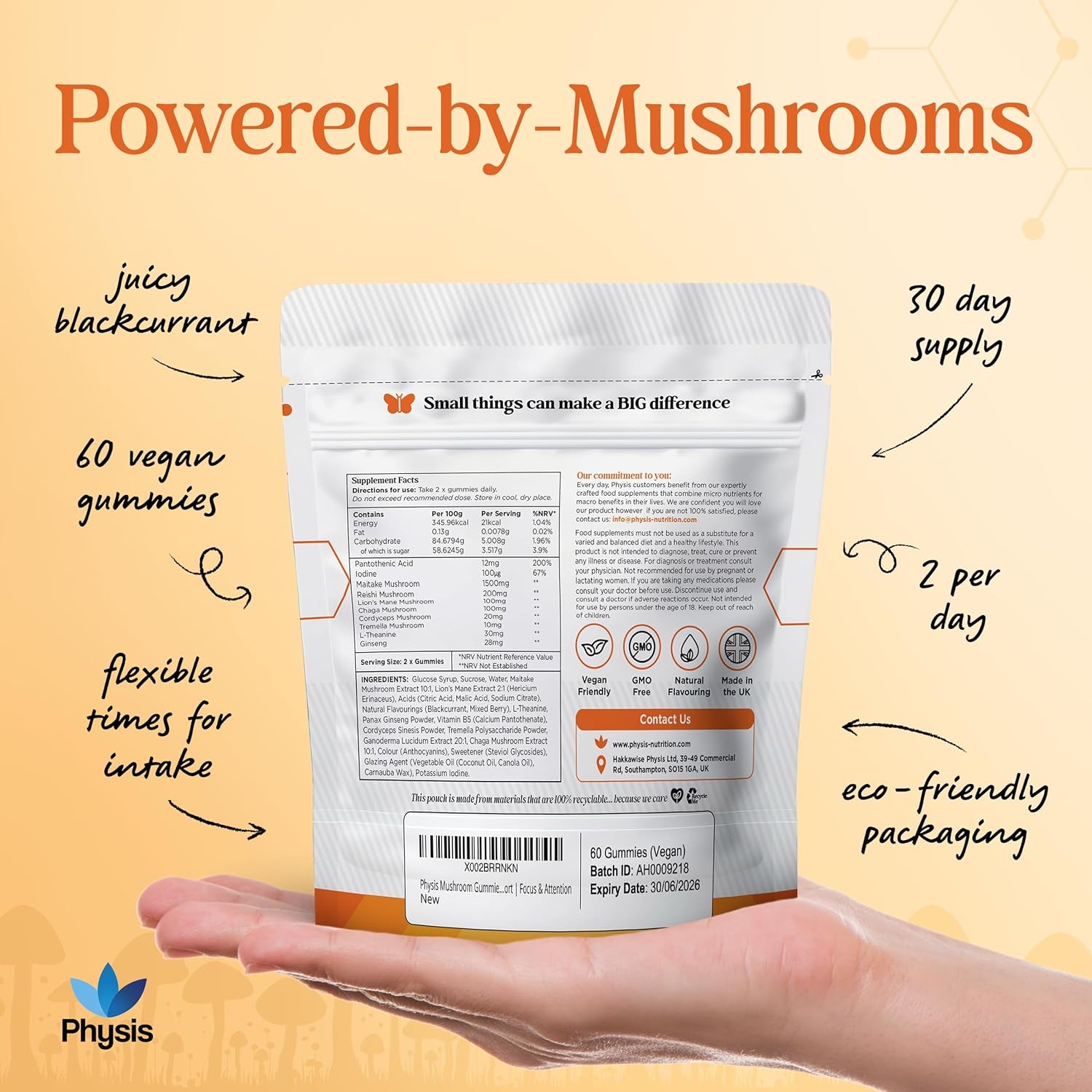 Physis Mushroom Gummies Complex 2000Mg | Attention Focus Clarity | Immunity & Energy | Brain Support | High Strength | Maitake, Reishi, Lion’S Mane & Chaga | 60 X Juicy Blackcurrant 1 Month Supply