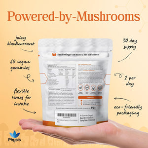 Physis Mushroom Gummies Complex 2000Mg | Attention Focus Clarity | Immunity & Energy | Brain Support | High Strength | Maitake, Reishi, Lion’S Mane & Chaga | 60 X Juicy Blackcurrant 1 Month Supply